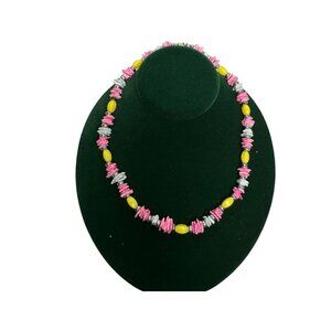 Vintage Handmade Pastel Puka Shell Necklace Pink Yellow  Choker Beach Boho 70s